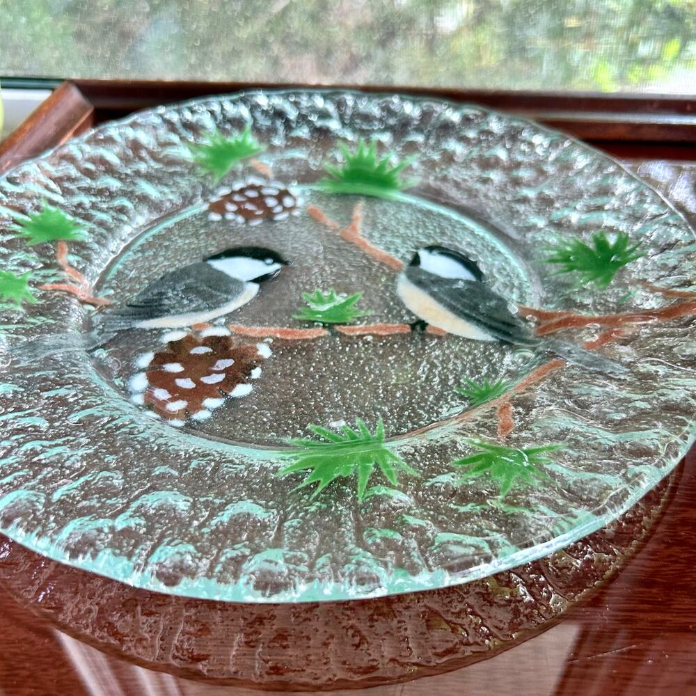 Vintage Signed Pressed Glass Plate with Hand-Painted Chickadees and Pinecones